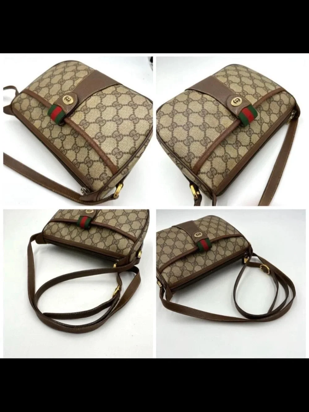 Gucci Beige GG Supreme Crossbody with Brown Leather and Web Stripe